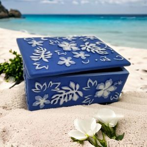 Trinket Box Hawaiian Blue & White Floral Botanical Ceramic KC Company